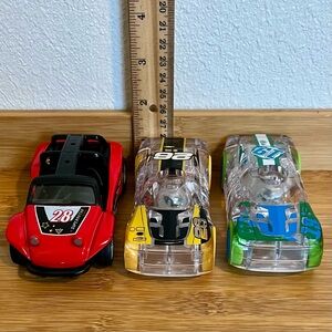 Lot / Bundle of 3 Toy Pull Back Race Cars, 2 w/ flashing lights, 1 a dune buggy